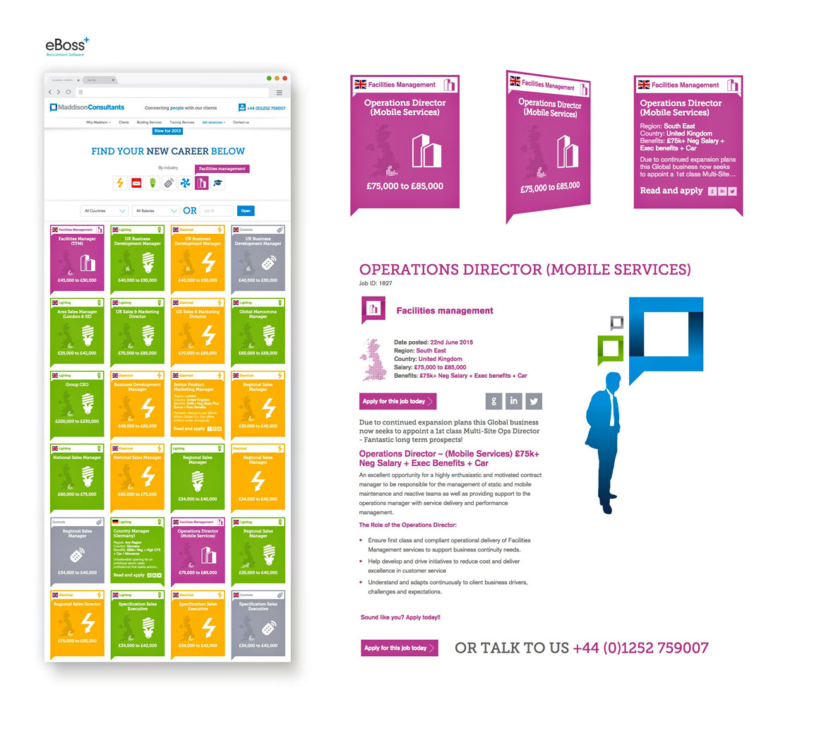 eBoss integrated job vacancies website detailing location, salary, benefits and job specifications for recruitment company Maddison Consultants