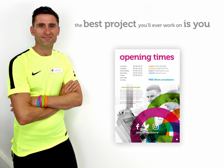 Signage and poster design for Nick Forster's The Spot, Godstone Surrey