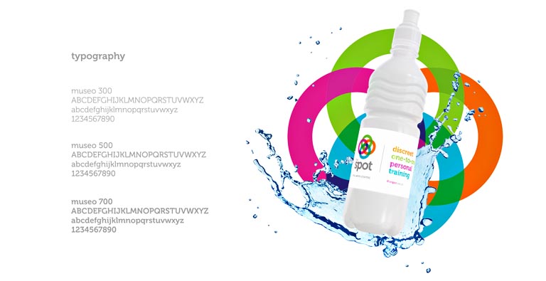 Typography and water bottle brand design for health and fitness centre the spot