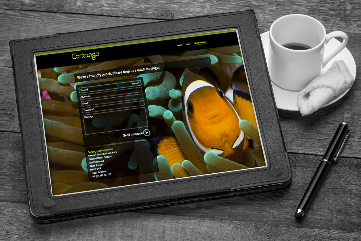 Bespoke contact website page design showing bubble effects on hover state