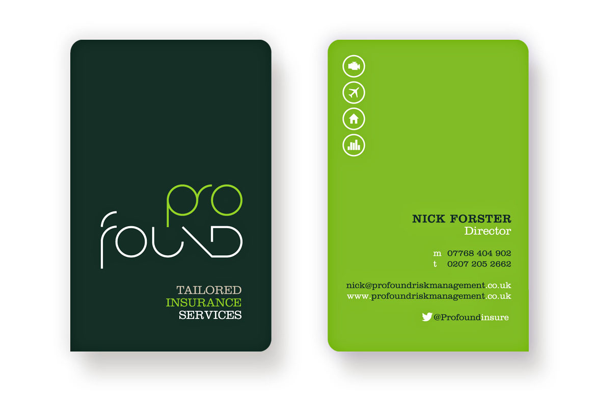 brand logo and business card design insurance services company ProFound Risk Management